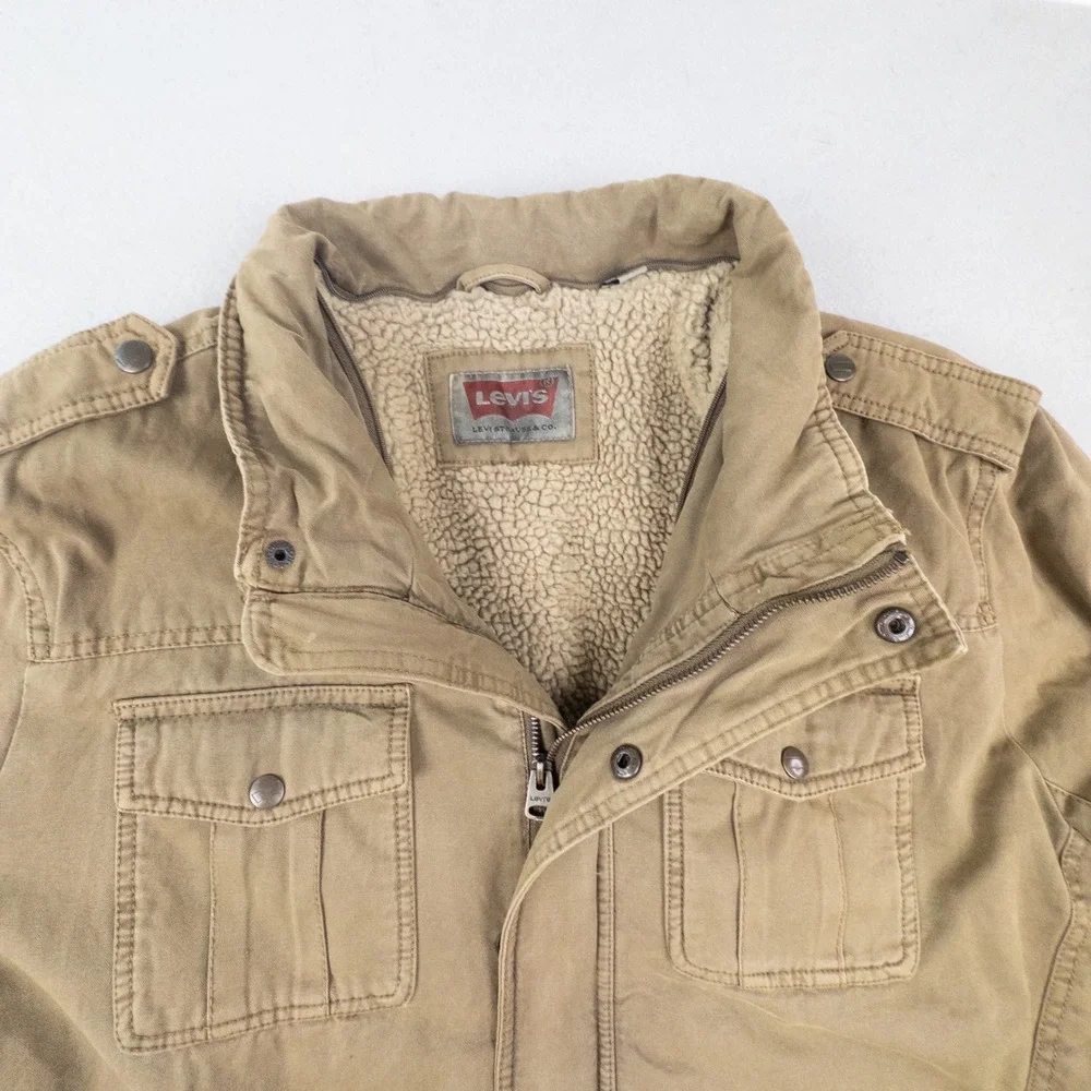 Levis Mens XL Sherpa Lined Field Jacket Tan Cotton Military Utility Coat - Picture 4 of 12